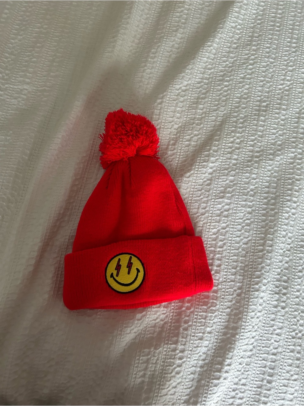 Red/Orange Aviator Nation Pom Beanie with Smiley Patch